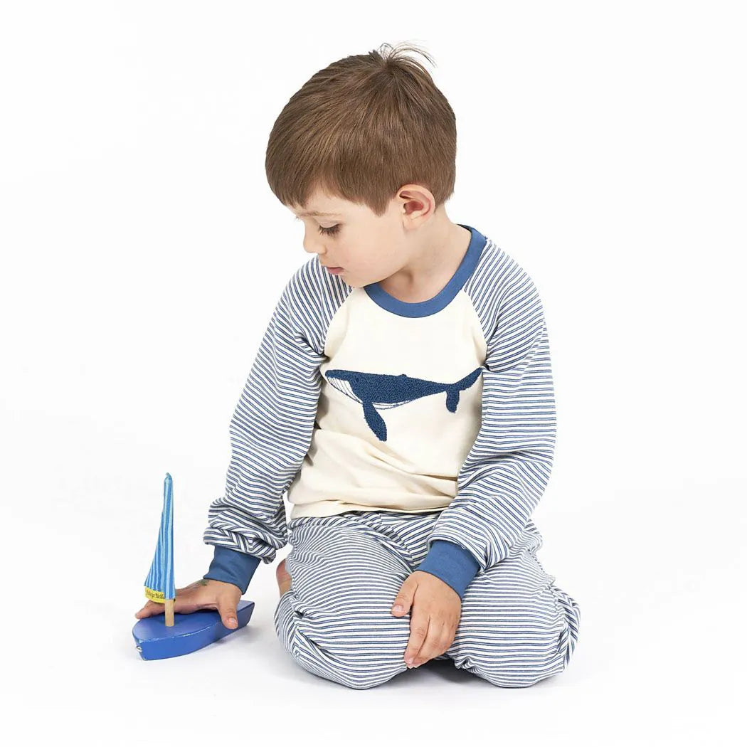 SENSE ORGANICS Long John Pyjama Ocean Blue Stripes + Whale